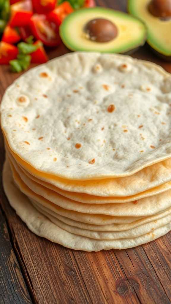 A stack of warm homemade flour tortillas on a wooden table, ready for tacos or burritos.